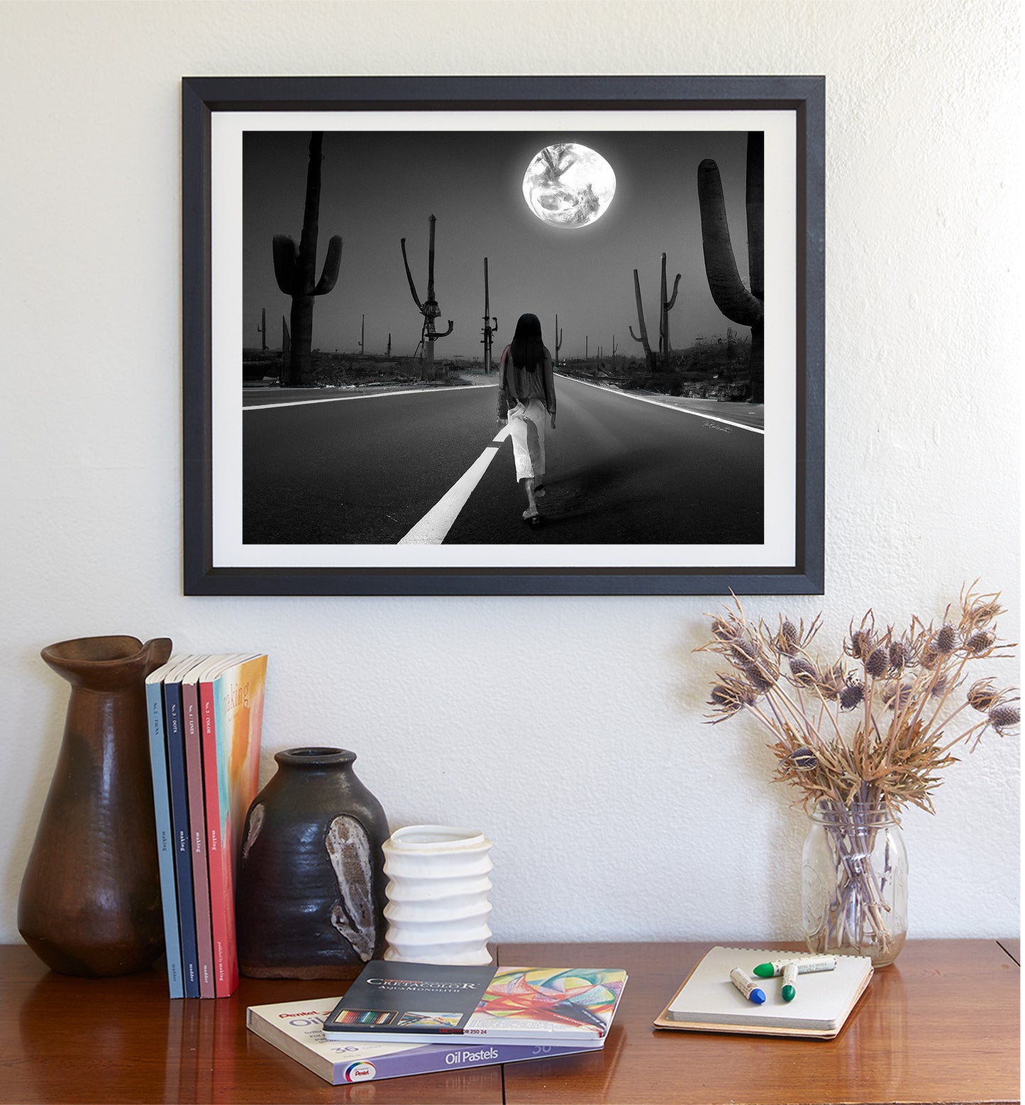 Surreal Desert Moon Art Print in Black and White | Country Road