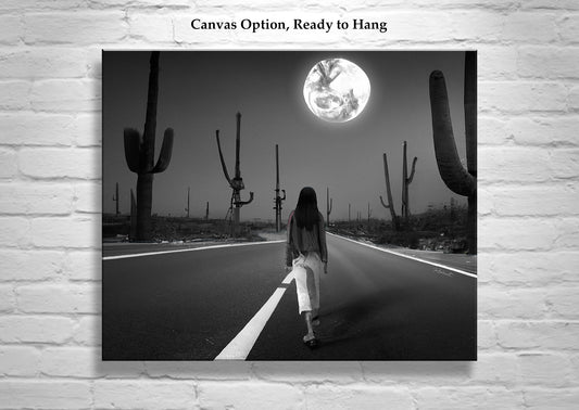 Surreal Desert Moon Art Print in Black and White | Country Road