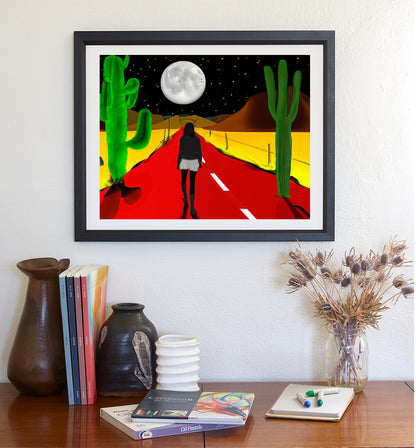 Desert Highway at Night Surreal Art Print in Bold Colors with Moon