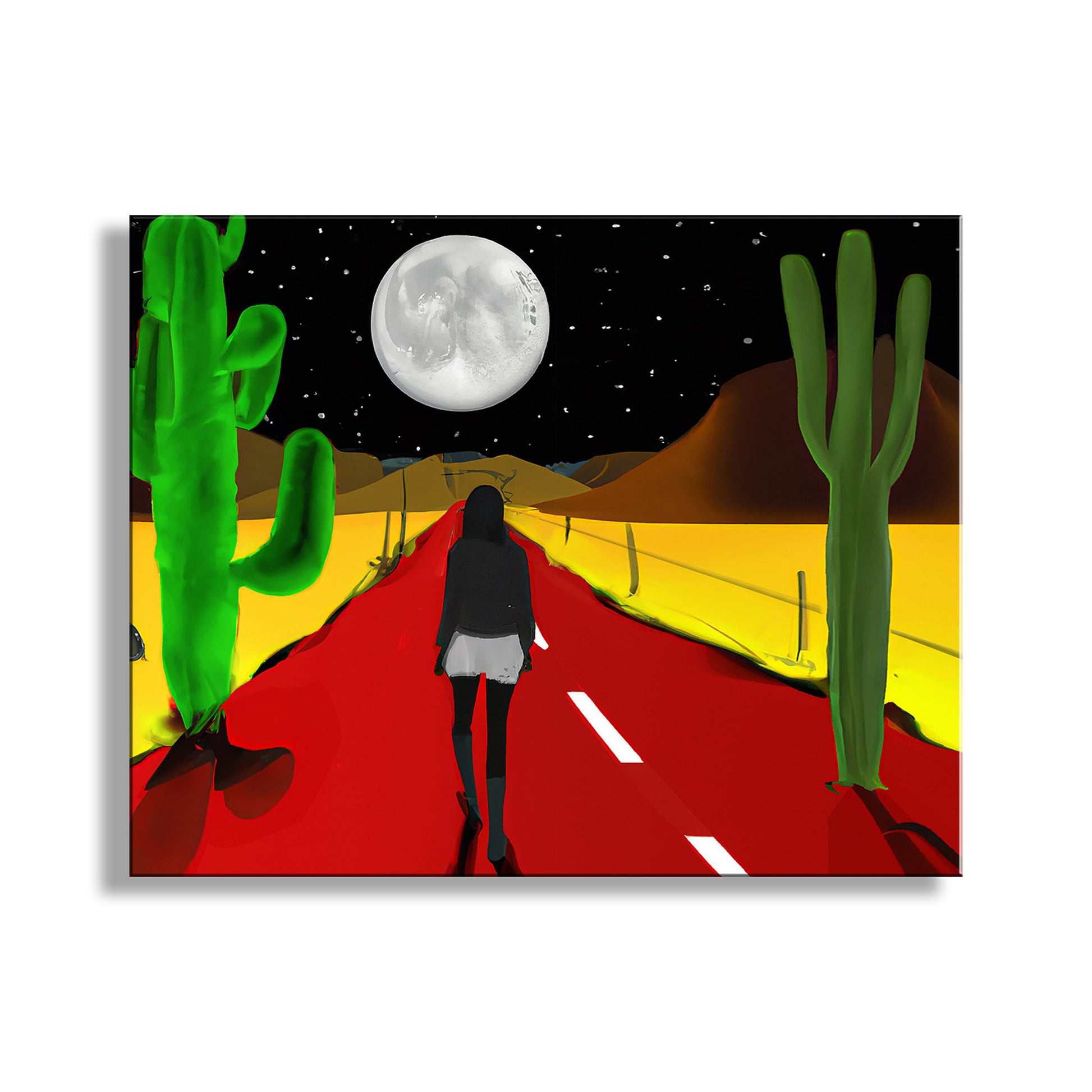 My marvelous colorful digital art: a woman treks a lonely desert road! Unique signed art by Murray Bolesta.