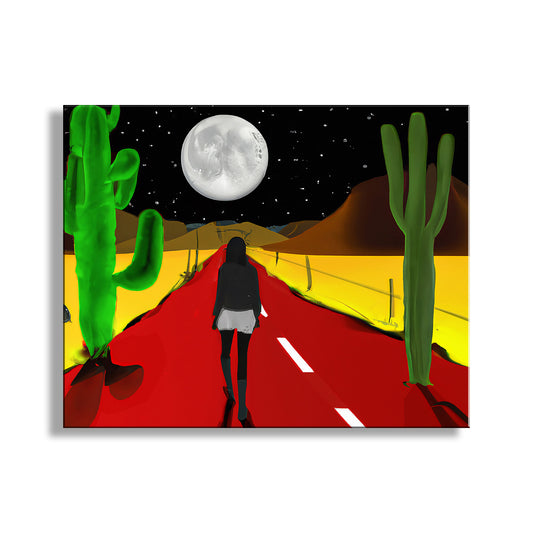 My marvelous colorful digital art: a woman treks a lonely desert road! Unique signed art by Murray Bolesta.