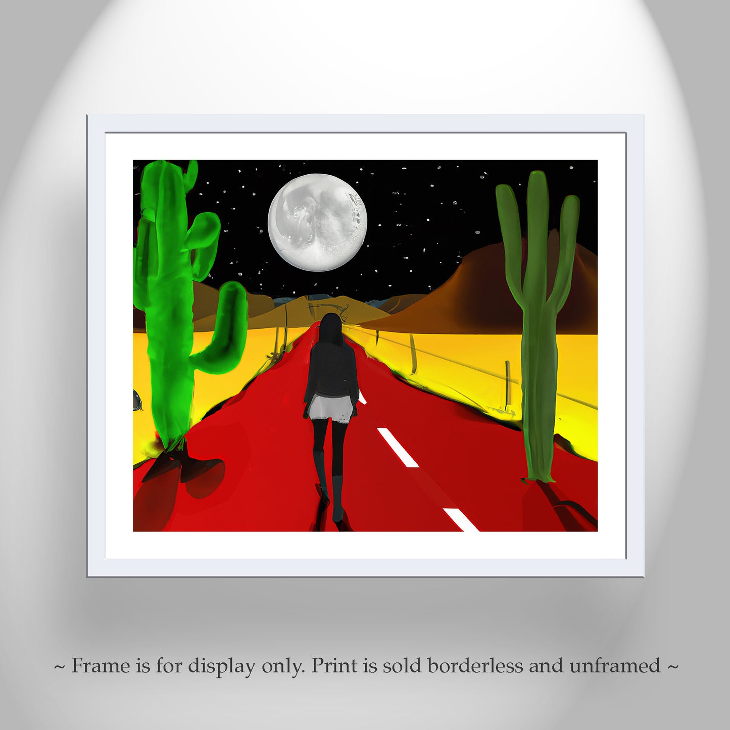 Desert Highway at Night Surreal Art Print in Bold Colors with Moon