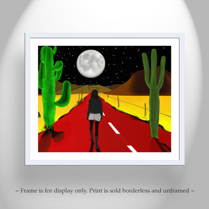Desert Highway at Night Surreal Art Print in Bold Colors with Moon