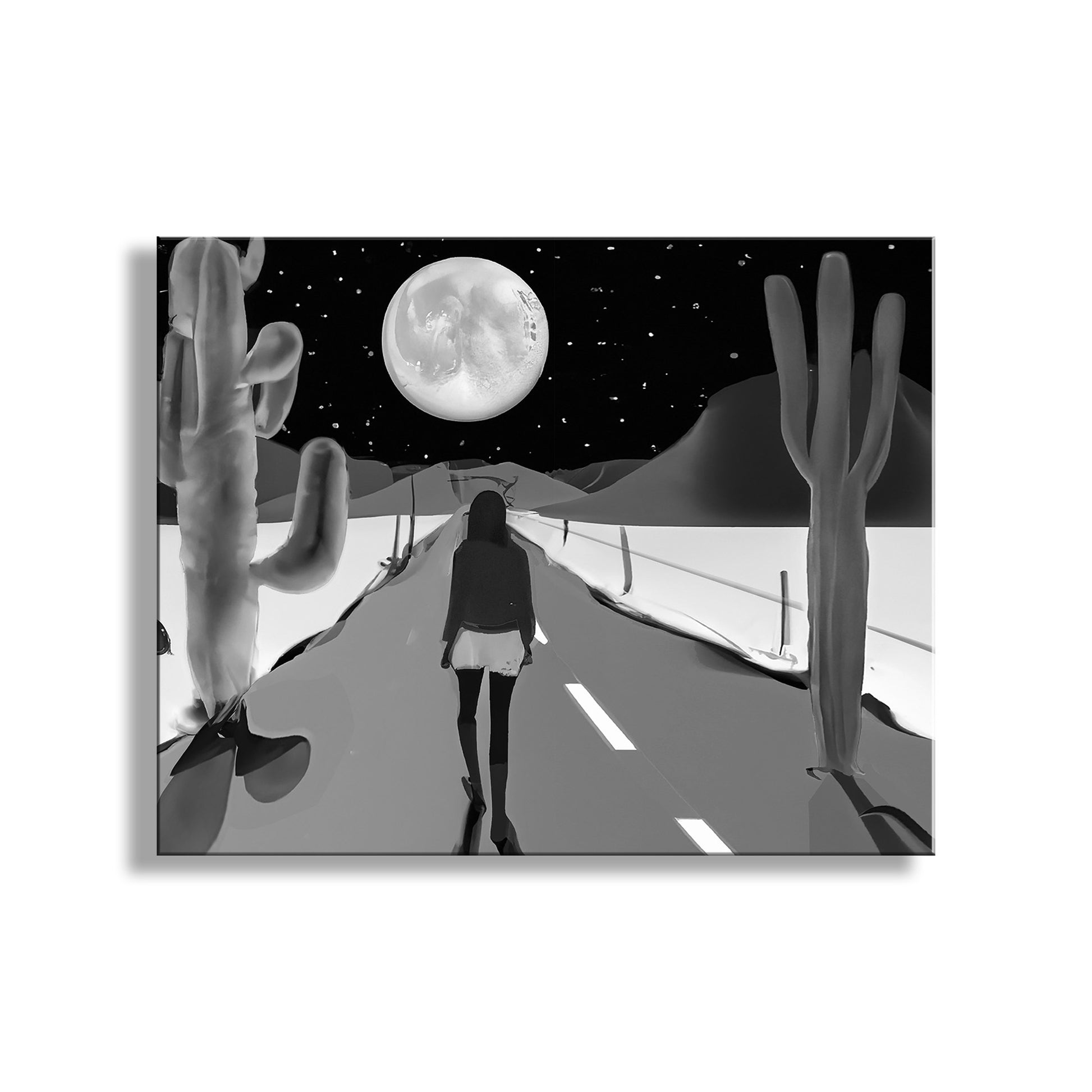 My marvelous digital art: a woman treks a lonely desert road! Unique signed art by Murray Bolesta.