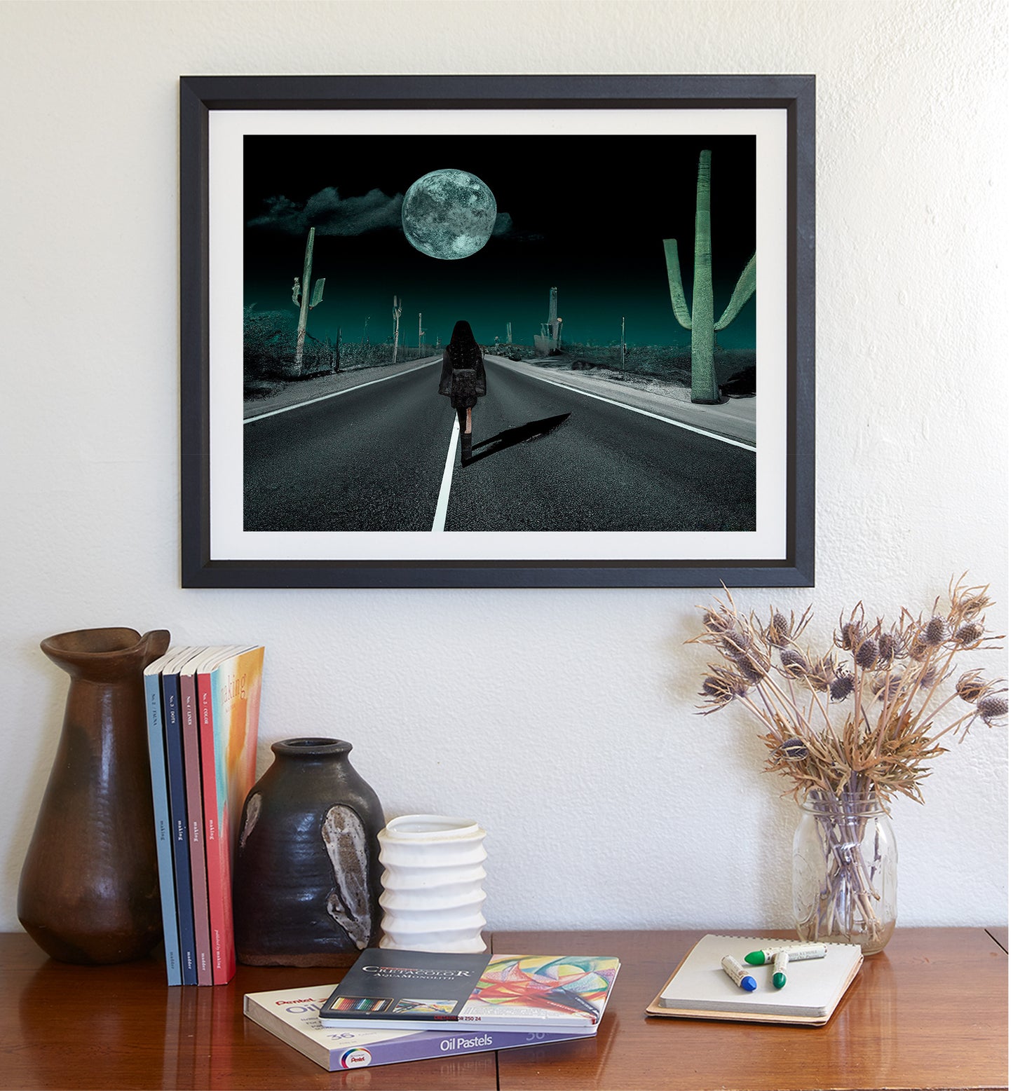 Fine Art Print with Surreal Desert Moon and Saguaro Cactus
