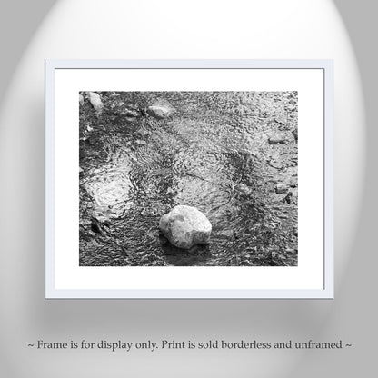 Framed black and white print of a stone in water on a gray background. Madera Canyon AZ Mountain Creek Fine Art Water Photograph in B&W