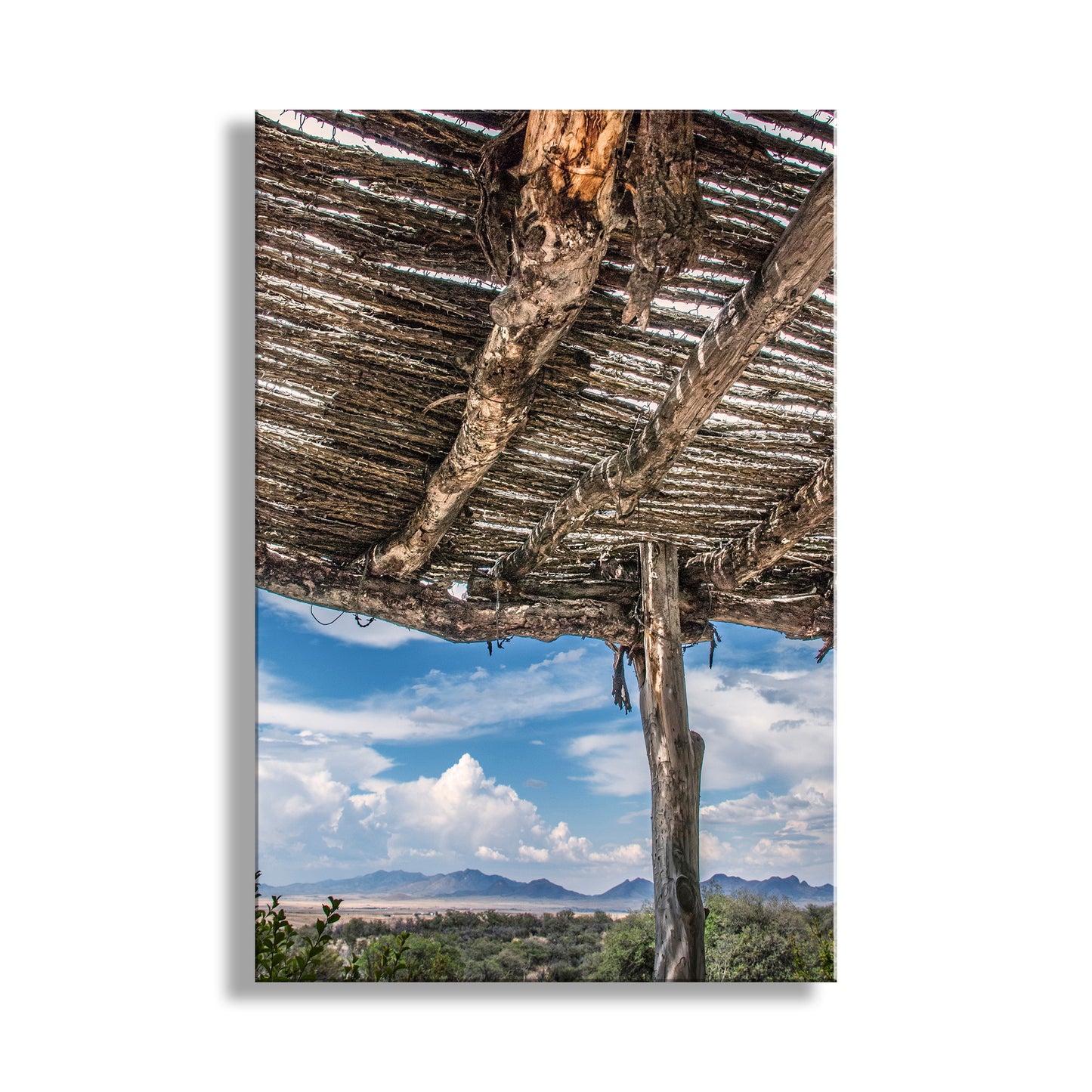 Wooden shelter with a view of mountains and sky. Tucson Arizona Landscape Art | Desert Ocotillo Ramada | Southwest Decor