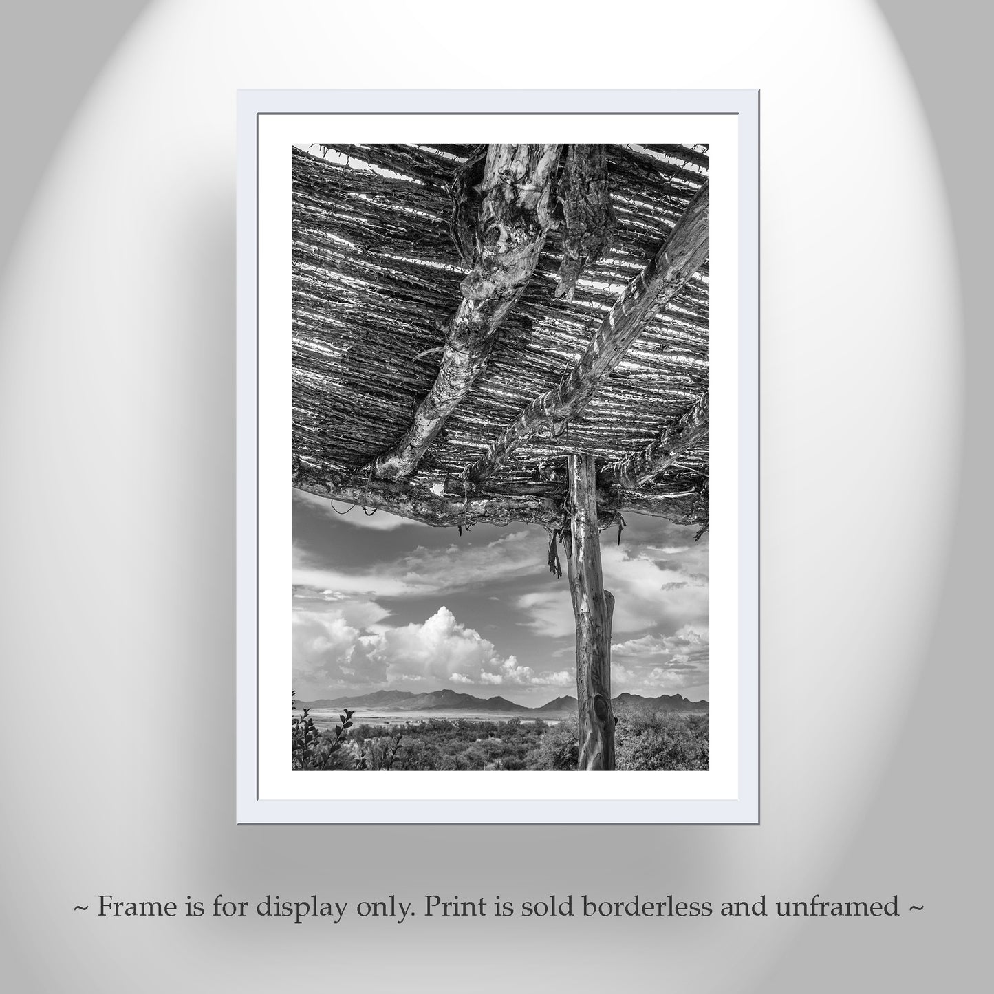 Framed black and white print of a desert landscape with a wooden structure. Tucson Arizona Landscape Art | Desert Ocotillo Ramada in Black & White