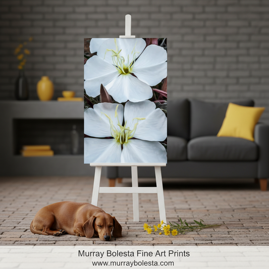 Close-up of two white flowers with yellow centers on a white background. White Evening Primrose Wildflower Art from Southern Arizona by Murray Bolesta