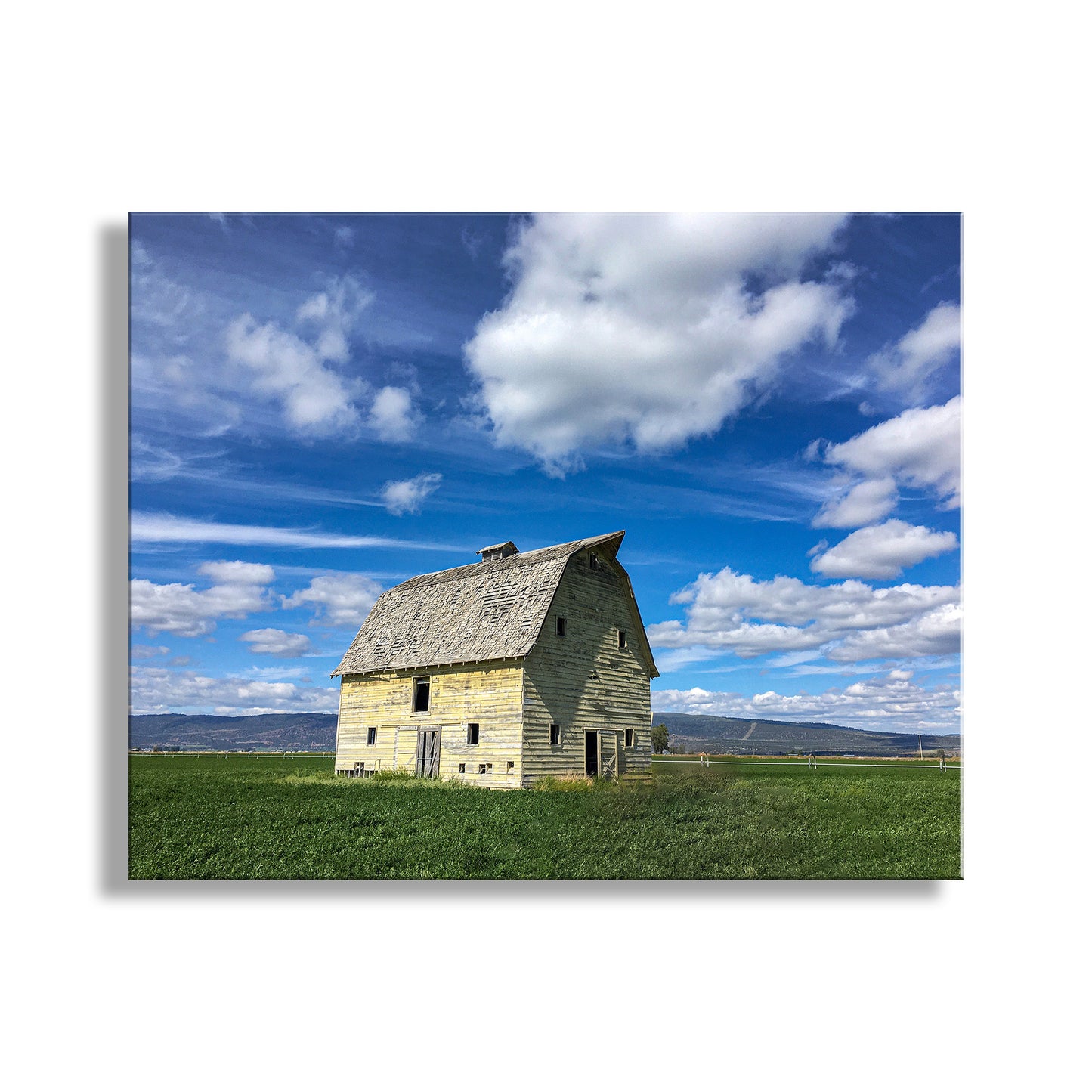 To embellish your walls, my cool barn photograph from Modoc County California farm country USA! This unusual yellow barn is a vivid highlight in a flat fertile farming basin. Original, unique signed art by Murray Bolesta.