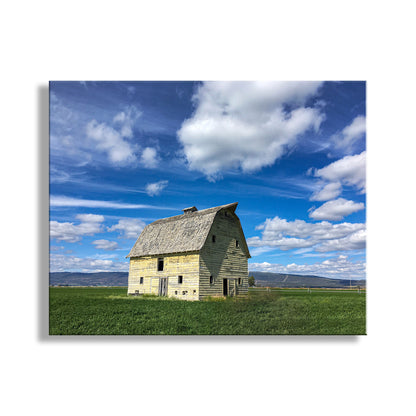 To embellish your walls, my cool barn photograph from Modoc County California farm country USA! This unusual yellow barn is a vivid highlight in a flat fertile farming basin. Original, unique signed art by Murray Bolesta.