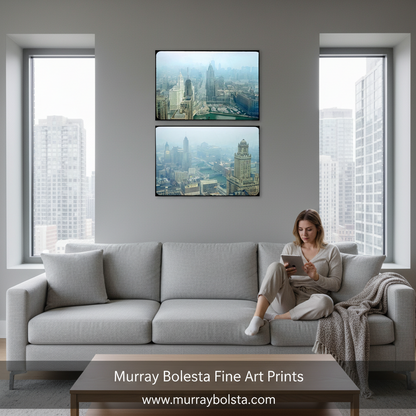 Chicago River Skyline Print Set of 2 – Vintage Cityscape Art