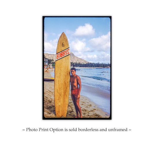 Retro Hawaii Surfing Print with Waikiki & Wooden Surfboard