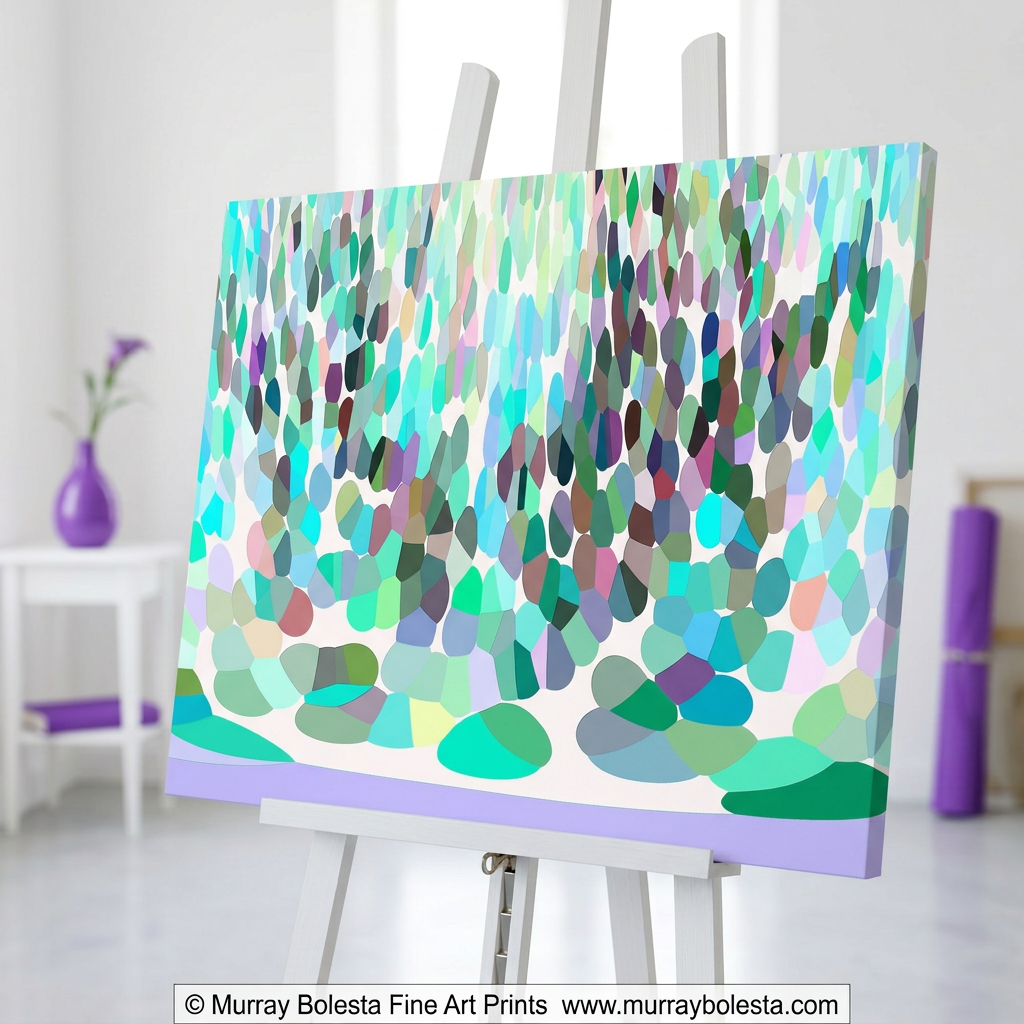 Abstract artwork on a white easel in a minimalist studio with purple accents