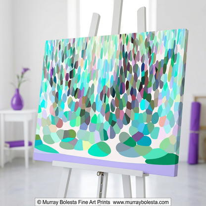Abstract artwork on a white easel in a minimalist studio with purple accents