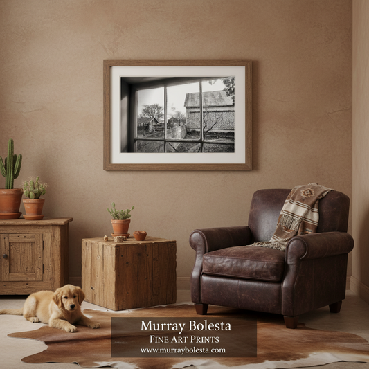 A framed black and white fine art print by Murray Bolesta hangs on a textured beige wall in a rustic living room setting with a brown leather armchair, wooden furniture, and a puppy on the floor.