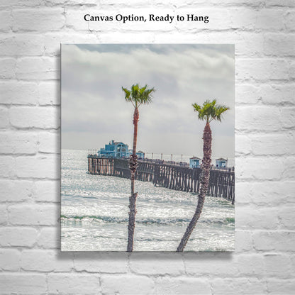 Oceanside Pier San Diego California Beach Photography Art Print with Palm Trees as Home Decor