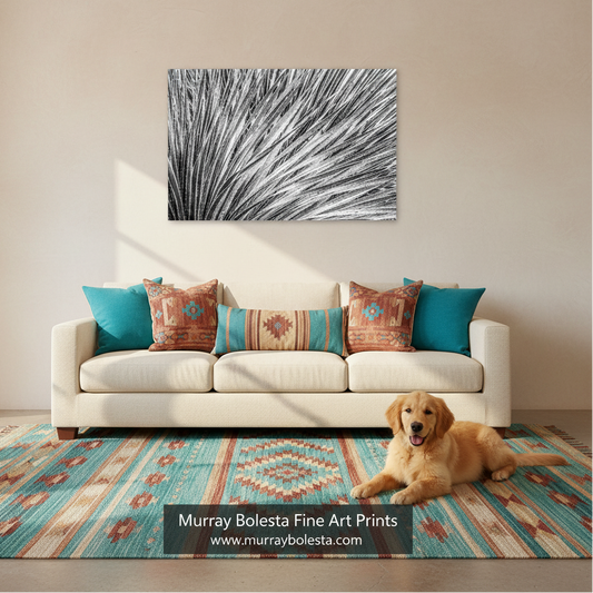 A framed abstract black, white, and gray brushstroke wall art print hangs above a white sofa in a styled living room. A golden retriever lies on a turquoise and cream patterned rug in front of the sofa.