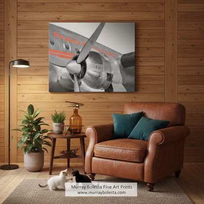 A framed wall art print showing a close-up black-and-white photograph of an airplane propeller with orange lettering, displayed above a brown leather armchair in a wood-paneled room. A floor lamp, side table, plants, and two cats are visible in the styled interior. Constellation airliner art by Murray Bolesta!