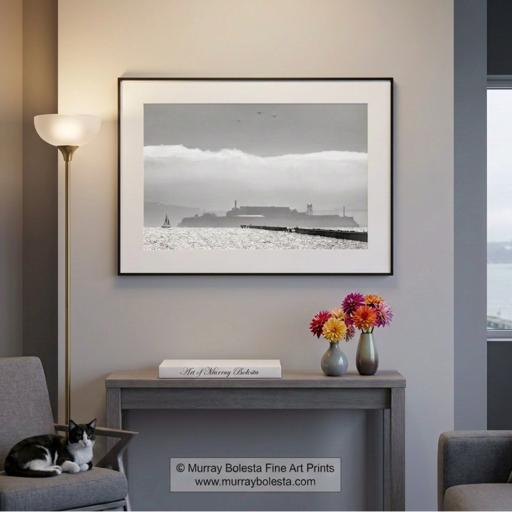 Alcatraz and Berkeley Pier, San Francisco Bay in Black & White, art print by Murray Bolesta