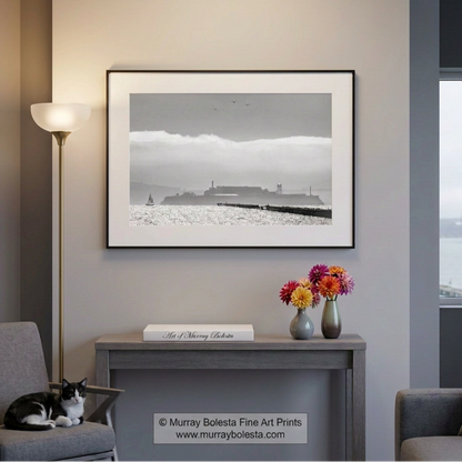 Alcatraz and Berkeley Pier, San Francisco Bay in Black & White, art print by Murray Bolesta