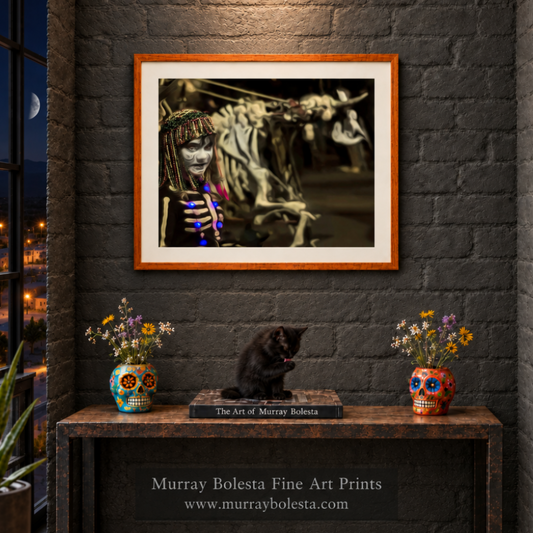 Nighttime loft mockup with All Souls Procession artwork by Murray Bolesta Tucson Arizona