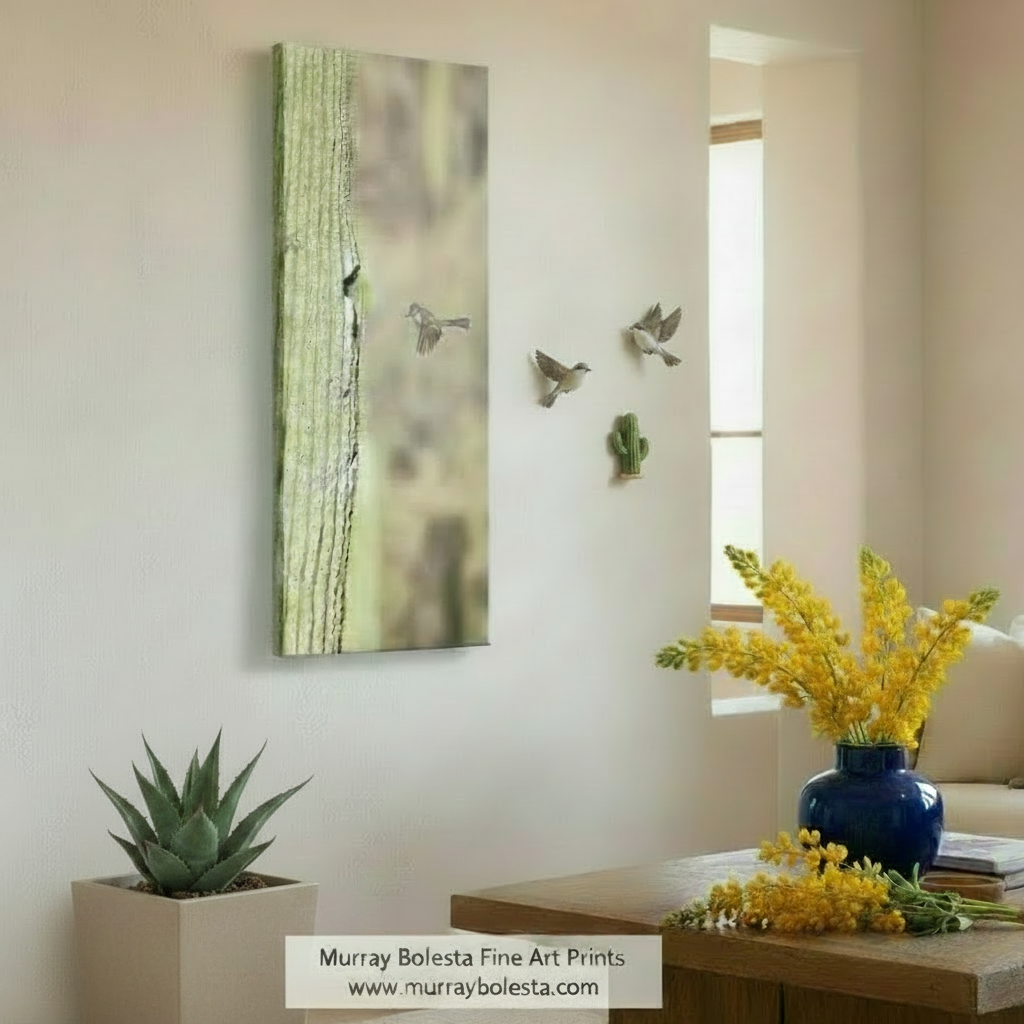A small bird is captured in mid-flight, soaring past a tall, green cactus. Desert Flycatcher in Flight - Arizona Saguaro Cactus Bird Art Print by Murray Bolesta