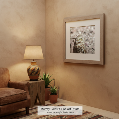 A close-up of a brown owl with a yellow eye, standing on a rocky surface. Burrowing Owl Bird Art - Arizona Southwestern Desert Wall Print - Murray Bolesta