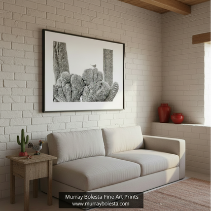A black and white image of a bird perched on a cactus plant Cactus Wren Fine Art | Black & White Crested Saguaro Bird Print by Murray Bolesta