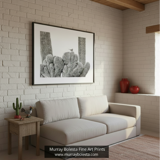 A black and white image of a bird perched on a cactus plant Cactus Wren Fine Art | Black & White Crested Saguaro Bird Print by Murray Bolesta