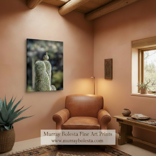 A small bird perches on a cactus in a natural setting. Desert Thrasher Bird on Saguaro - Arizona Southwestern Art Print by Murray Bolesta