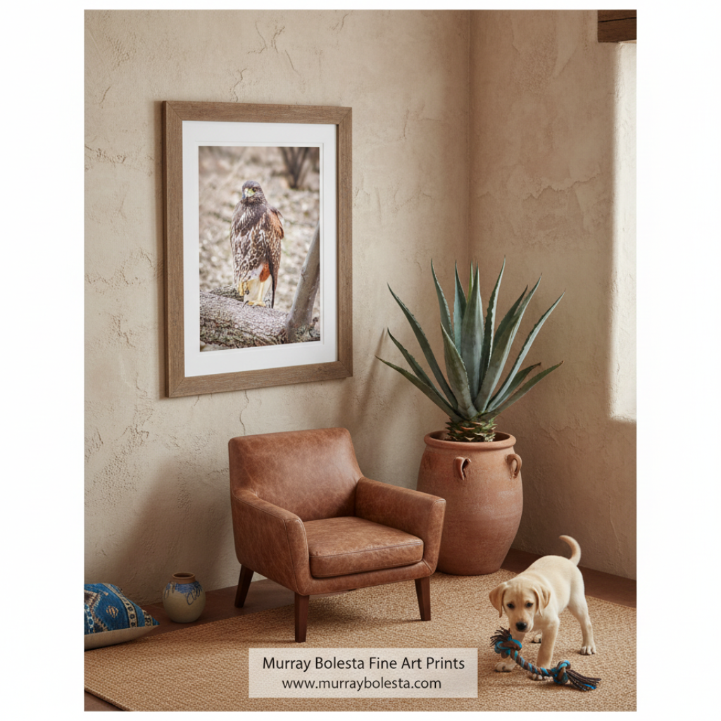 A brown and white bird of prey, likely a hawk, perched on a tree branch in a natural setting. Harris Hawk Art | Arizona Desert Bird Photography Wall Print by Murray Bolesta