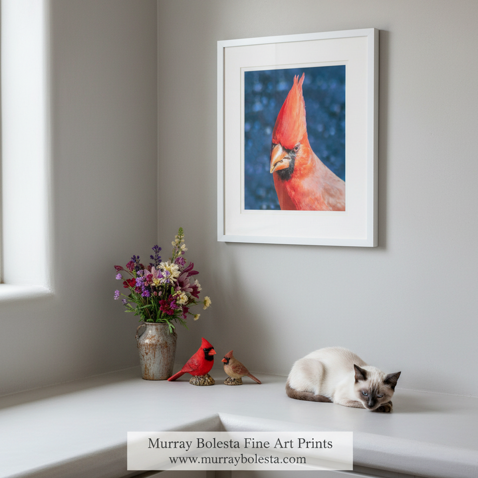 A close-up portrait of a vibrant red cardinal bird, with its distinctive orange beak and crest, against a blurred blue background. Red Cardinal Bird Photograph | Bold Vibrant Avian Artwork Print by Murray Bolesta!