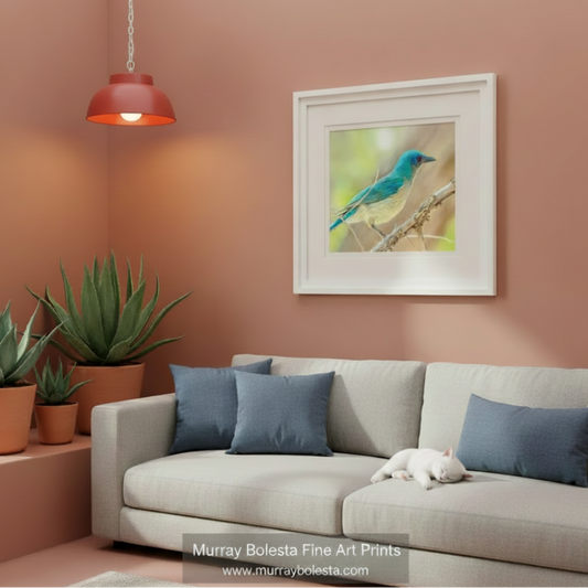 A blue and white bird perched on a branch, facing to the right.Blue Jay Forest Nature Art - Mexican Jay Bird Print for Home by Murray Bolesta