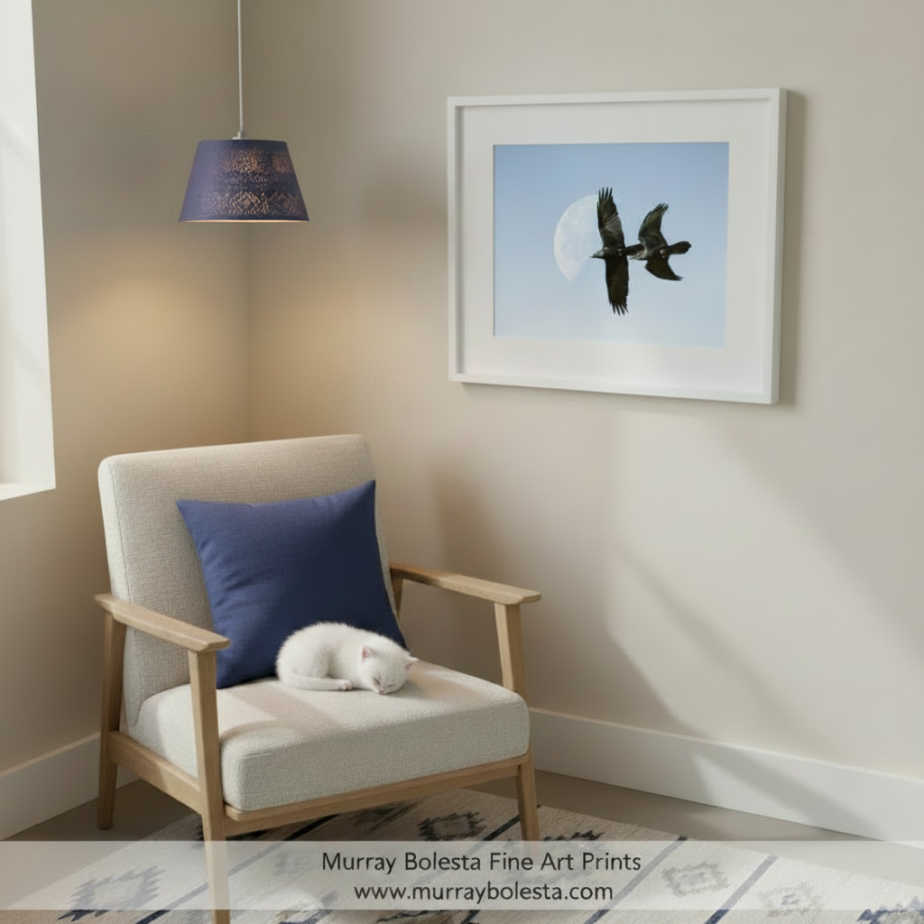 Two black birds fly in formation against a clear blue sky with a large, bright white moon in the background.Flying Raven Artwork with Moon - Arizona Bird Wall Decor Print by Murray Bolesta