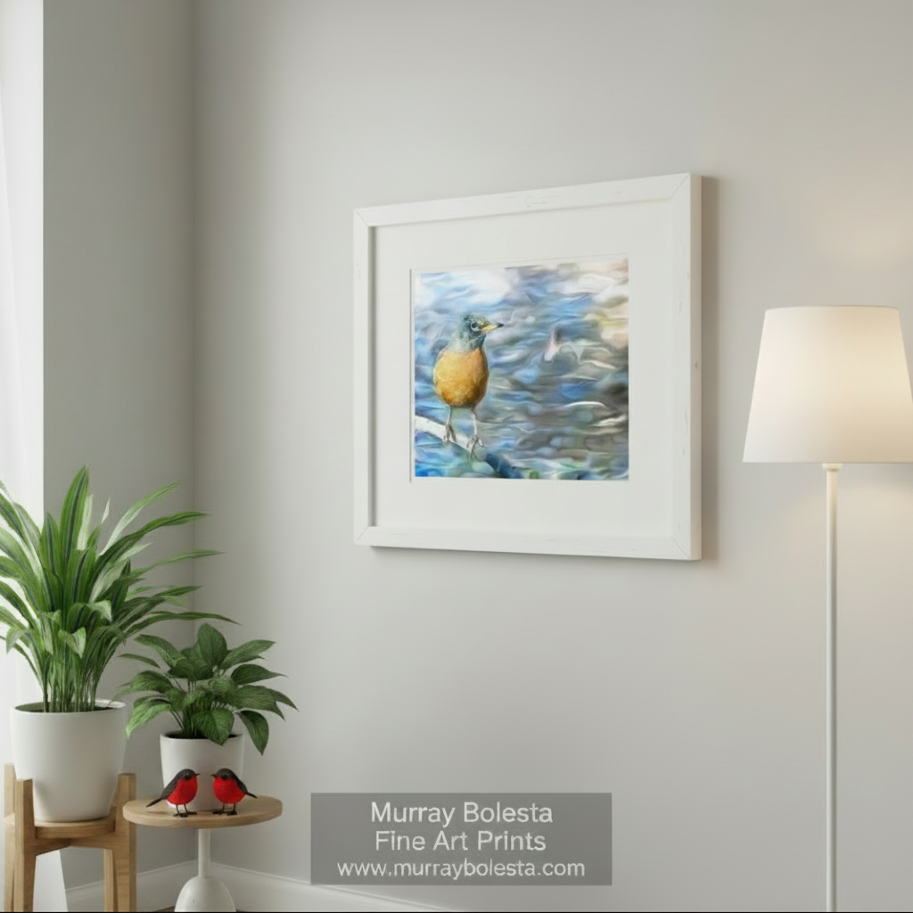 A colorful bird perches on a branch, facing to the right, with a blurred, wavy background. Arizona bird art by Murray Bolesta!