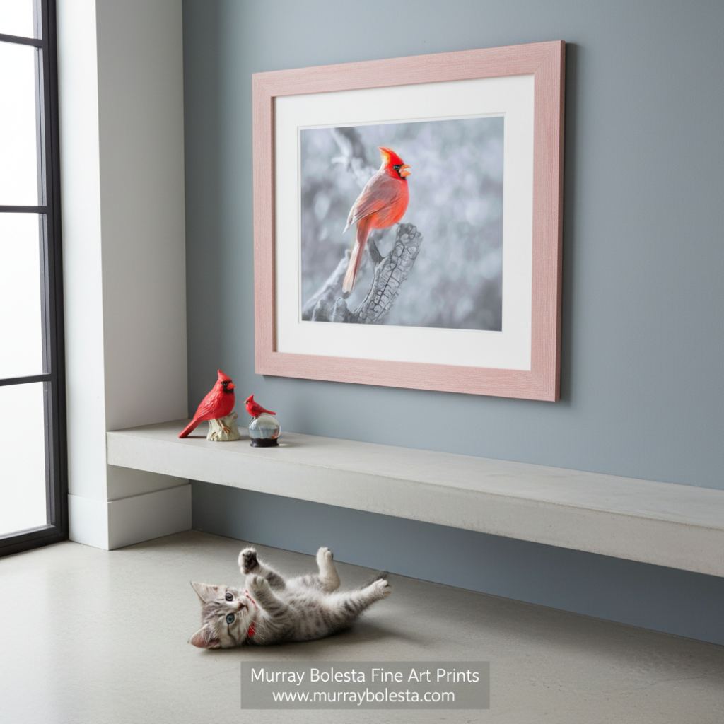 A vibrant red cardinal bird perches on a branch, its bright plumage contrasting against the muted tones of the background. Red Cardinal Art | Winter Bird Photography Print Madera Canyon by Murray Bolesta