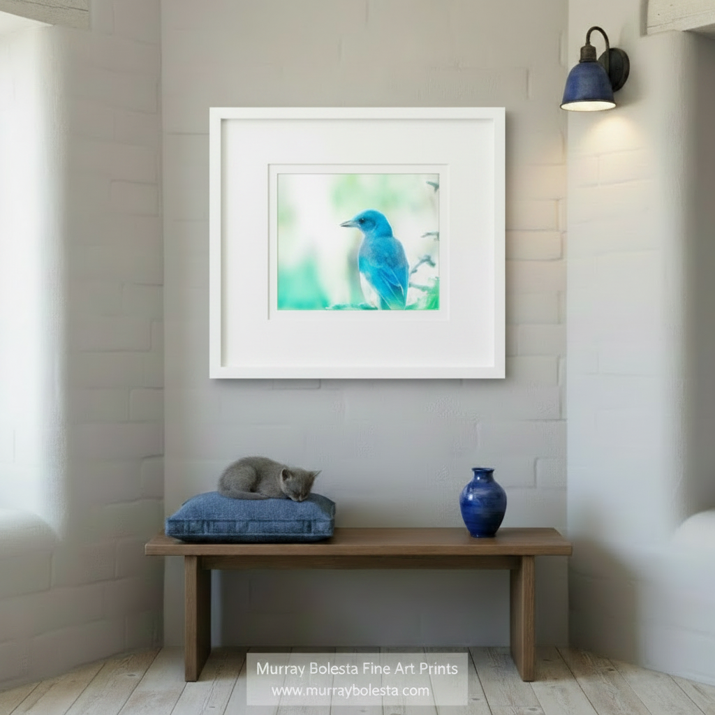 A vibrant blue bird perches on a branch, its bright plumage contrasting with the blurred green foliage in the background.Blue Jay Bird Print - Painterly Nature Art with Mexican Jay by Murray Bolesta