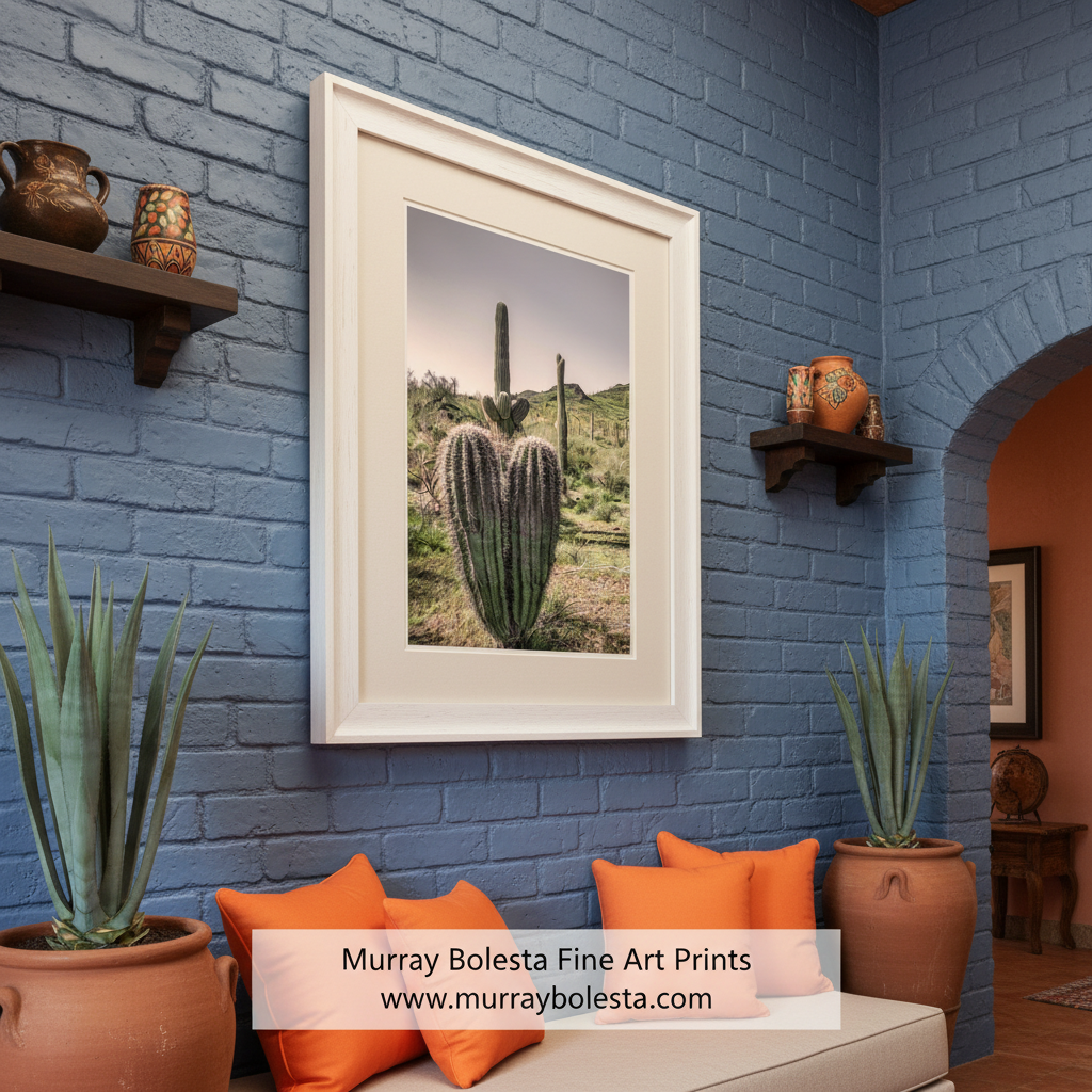 A desert landscape with a large cactus in the foreground and a smaller cactus in the background, set against a hazy sky and distant hills. Arizona Cactus Landscape Art – Saguaro at Picacho Peak by Murray Bolesta