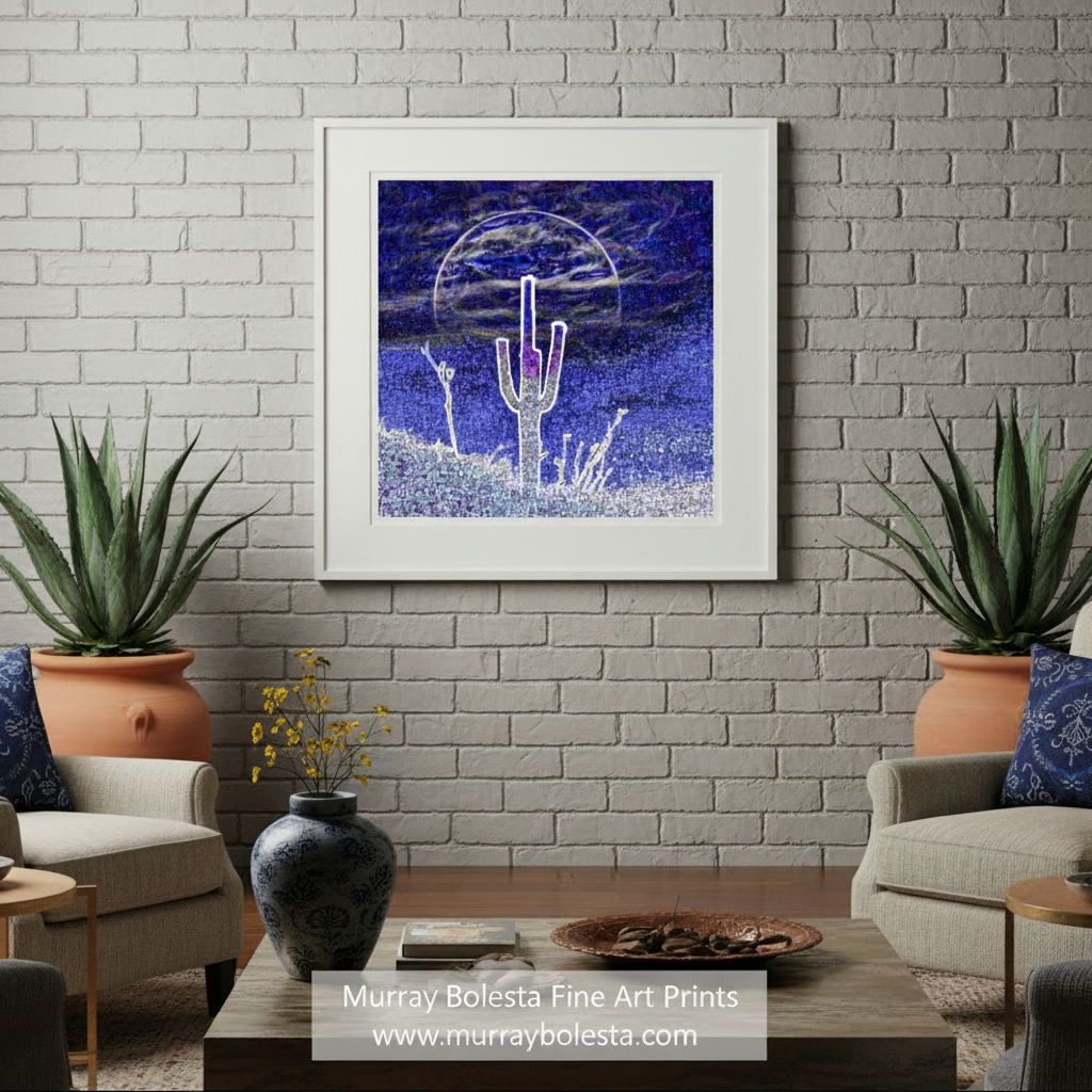 A surreal, abstract image depicting a cactus in a desert landscape, with a large, glowing moon in the background. Psychedelic Desert Moon in Indigo Blue | Abstract Southwest Art by Murray Bolesta