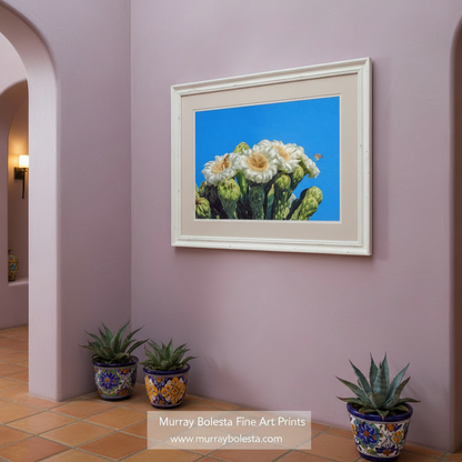 A close-up view of a cluster of white flowers with brown centers, set against a bright blue sky. Cactus Flower with Bees | Arizona Desert Spring Wall Art Print by Murray Bolesta