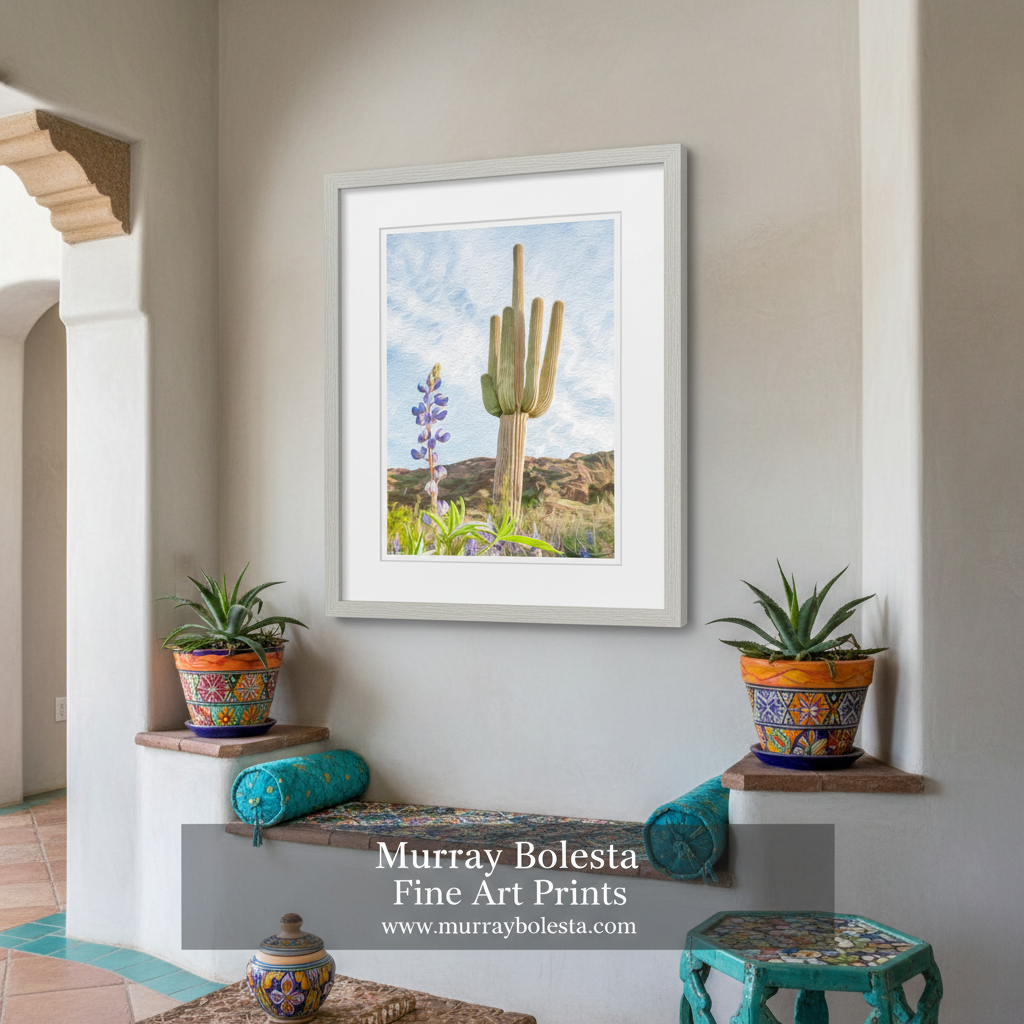 a desert landscape with a tall cactus and a purple flower, set against a backdrop of mountains and a blue sky. Picacho Peak Arizona Cactus Art Print - Spring Wildflower Photo by Murray Bolesta