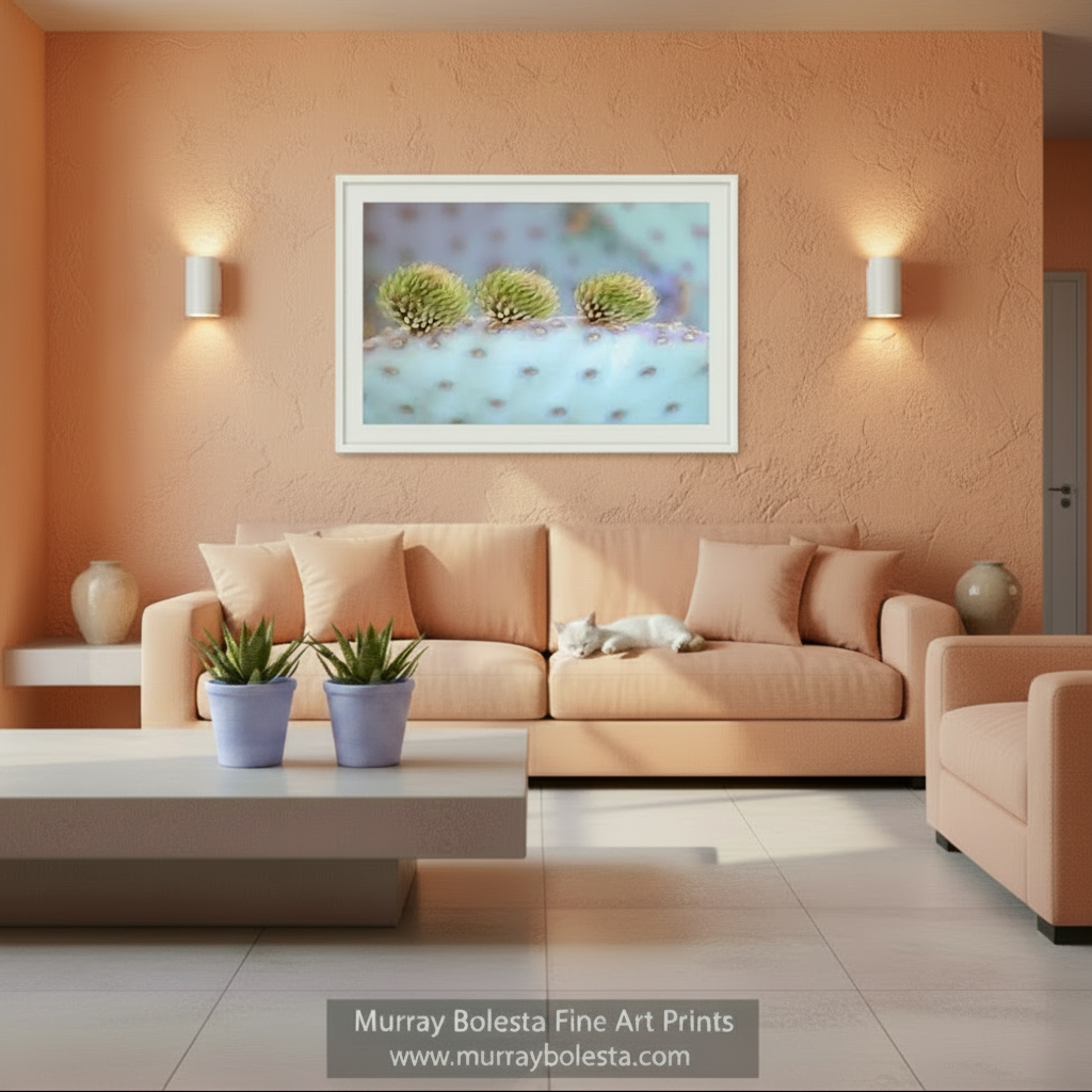 A close-up view of three small, green cactus plants with spines. Blue Cactus Art Print with Santa Rita Prickly Pear | Tucson Arizona by Murray Bolesta
