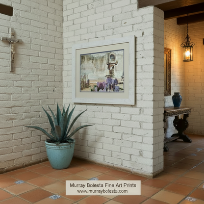 A desert landscape with a weathered stone wall, a small alcove with a carved design, and a variety of colorful cacti and succulents growing in the foreground. San Xavier Mission Southwestern Wall Art - Tucson Arizona Print by Murray Bolesta