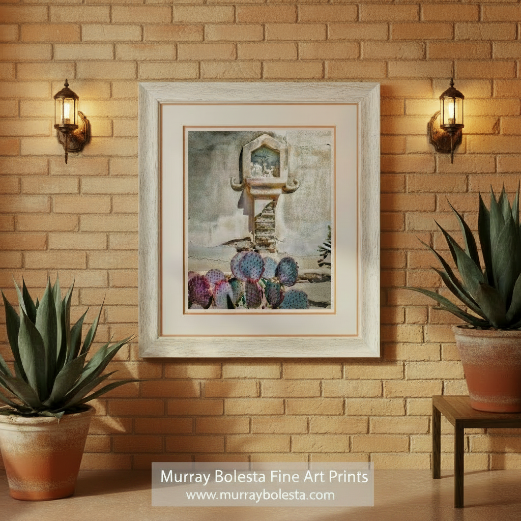 a weathered stone wall with a small, ornate structure on top, surrounded by a collection of vibrant, colorful cacti. Mission San Xavier del Bac Desert Art - Tucson Arizona Print by Murray Bolesta