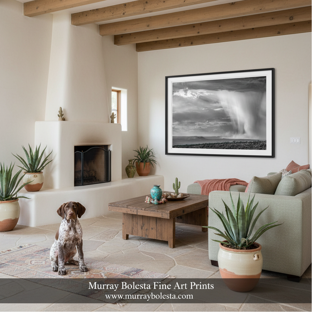 A framed black and white landscape art print of Tucson Arizona Monsoon by Murray Bolesta, displayed on a wall in a modern, sunlit living room with a dog, coffee table, and potted plants.
