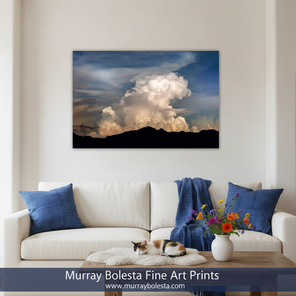 a dramatic sky with large, fluffy clouds against a mountainous landscape. rizona Monsoon Storm Clouds - Moody Desert Sky Wall Art Print by Murray Bolesta!