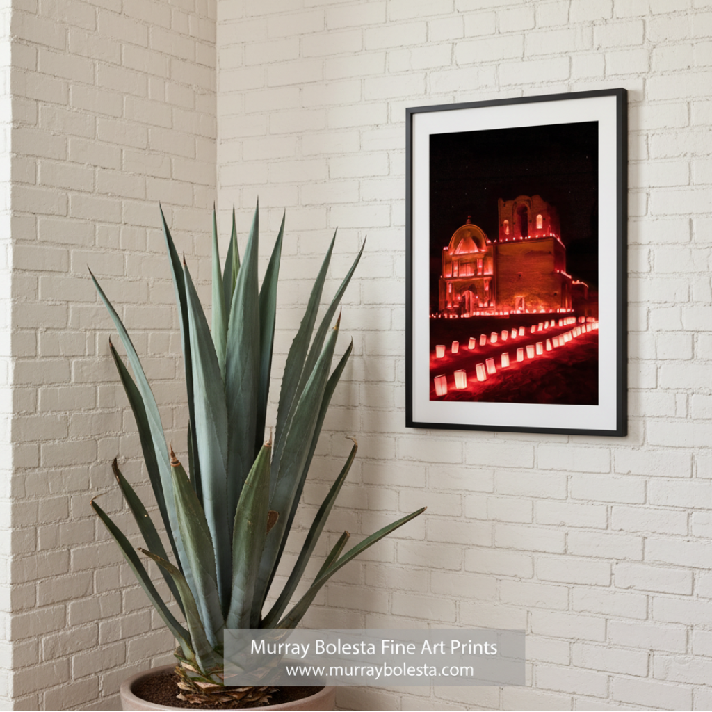 a large, illuminated building with a dome at night, surrounded by rows of red lights that create a warm, festive atmosphere. Farolito Spanish Mission Art - Arizona Southwest Church Print by Murray Bolesta