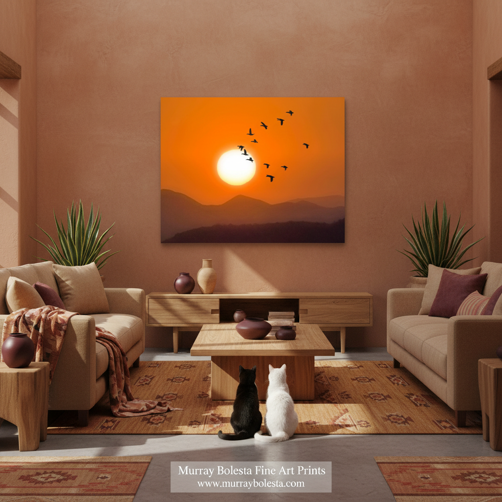 Arizona sunset art by Murray Bolesta! A framed wall art print showing an orange sunset over dark mountain silhouettes with flying birds, displayed above a coffee table in a styled living room with two cats sitting on the floor. 
