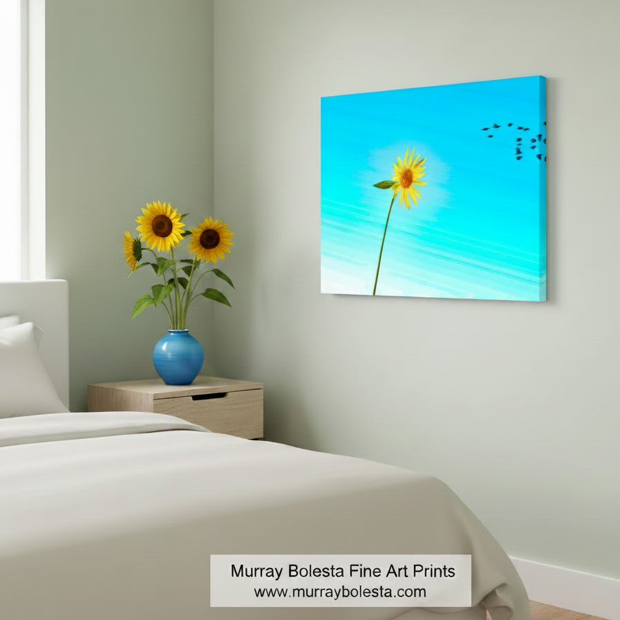 Yellow sunflower against a blue sky with birds - Arizona flower art by Murray Bolesta